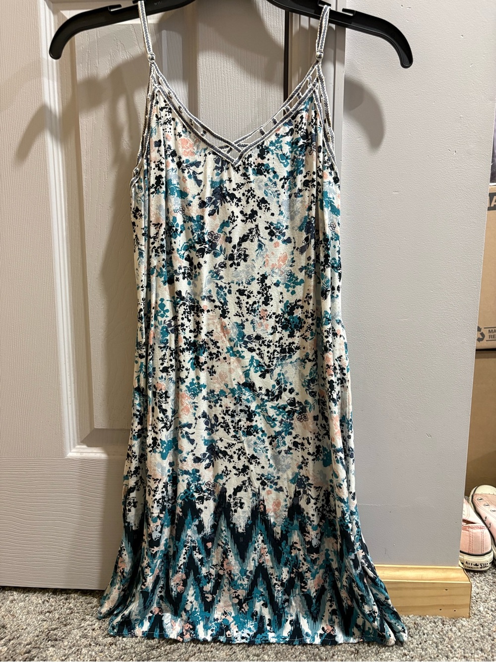 Aeropostale Teal, Cream & Black Floral Slip Dress with Chevron Border